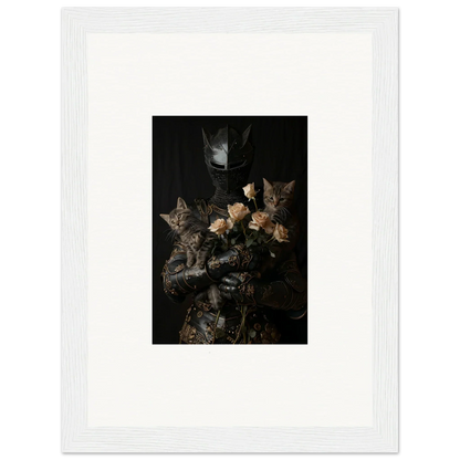 Framed wall art of a person with flowers and cats for cozy Cuddle Chaotica room decor