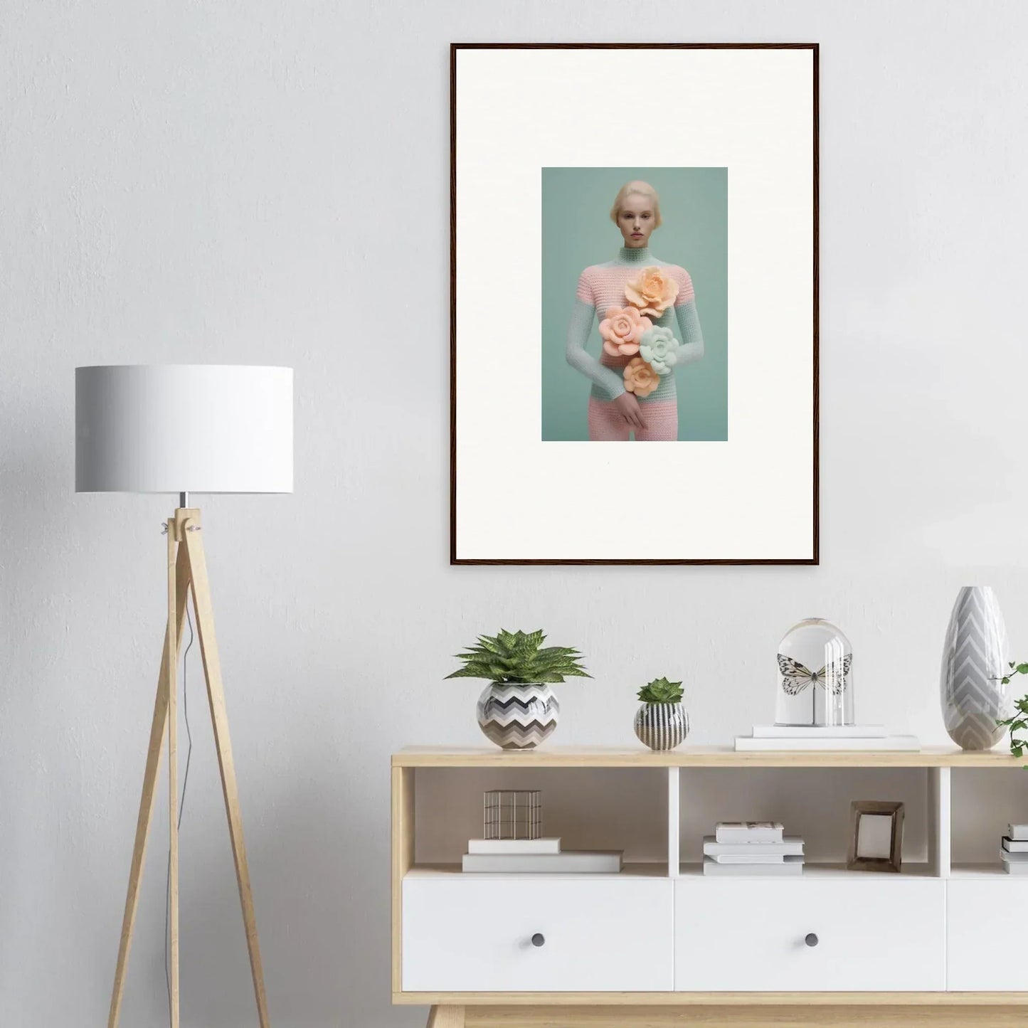 Framed canvas print of a person with pastel flowers perfect for dream couture room decoration