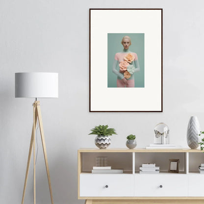 Framed canvas print of a person with pastel flowers perfect for dream couture room decoration