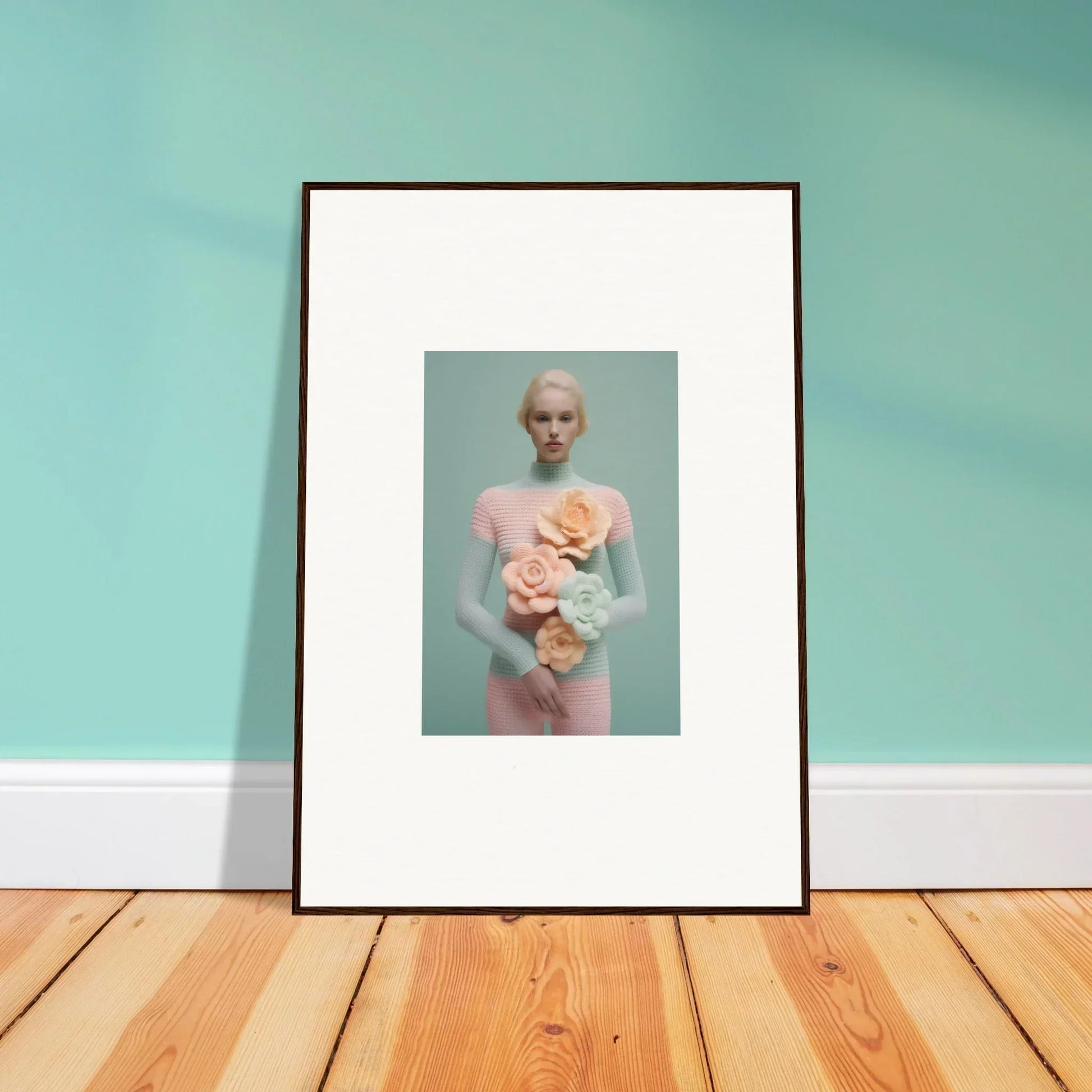 Framed canvas print of a person with pastel flowers for dreamy room decoration