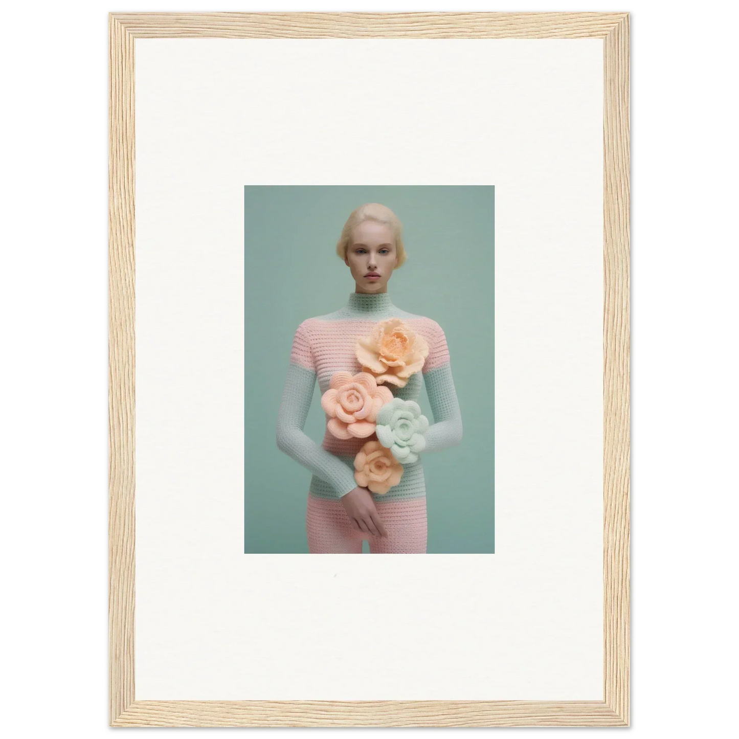 Framed photograph of a person in pink with pastel flowers for dreamy room decoration