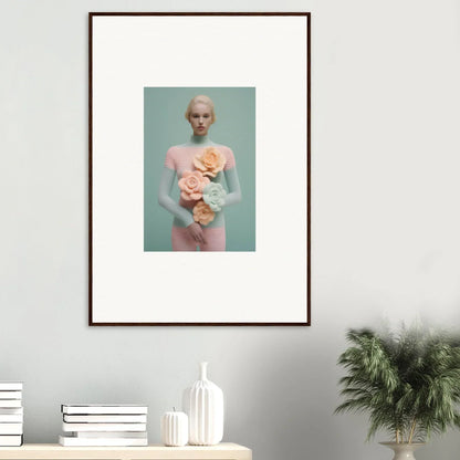 Framed canvas print of a person in pink with stuffed animals for dreamy room decoration