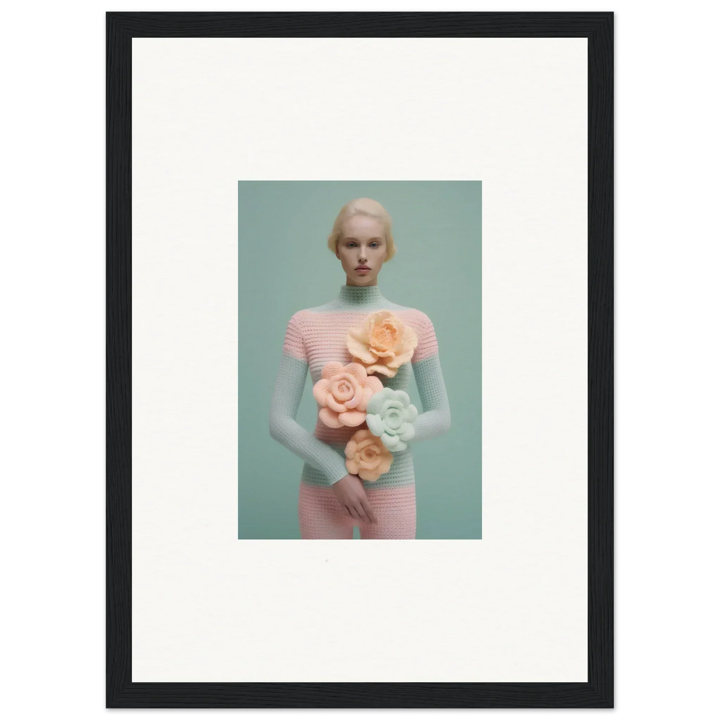 Framed photograph of a person in pink with pastel flowers for dreamy room decoration