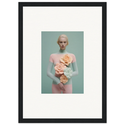 Framed photograph of a person in pink with pastel flowers for dreamy room decoration