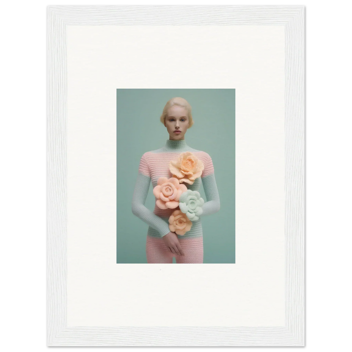 Blonde figure in pink outfit with pastel doll parts for Floral Dream Couture canvas print