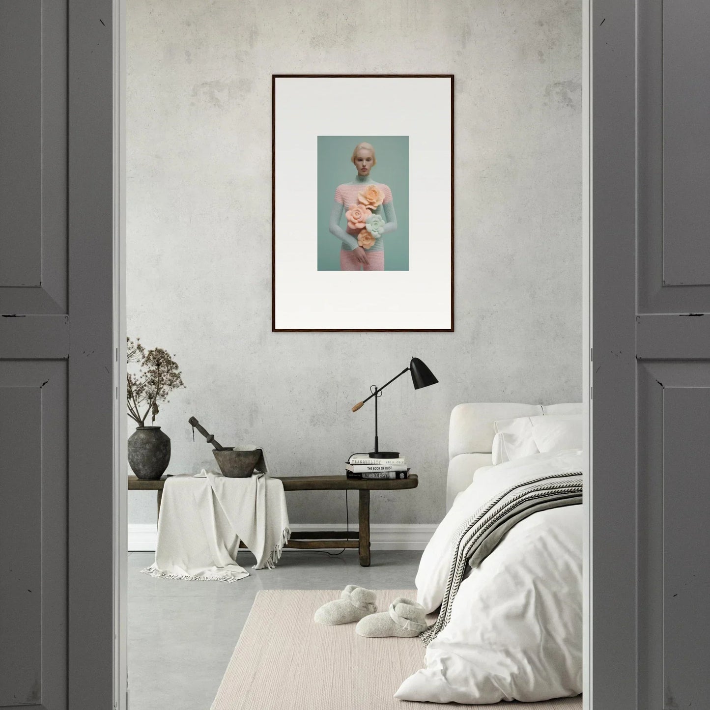 Framed canvas print of a figure with flowers for dreamy room decoration