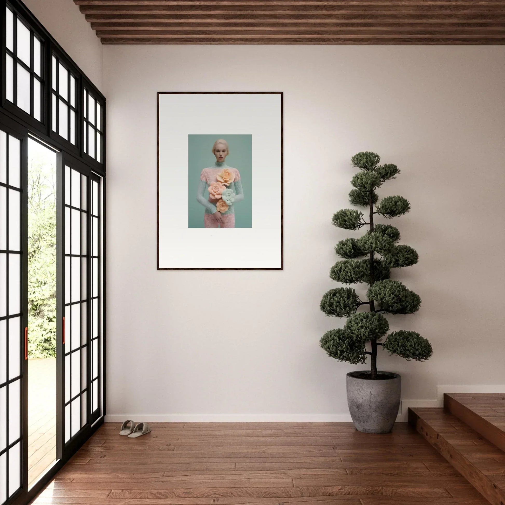 Framed canvas print of a person with flowers, perfect for dream couture room decoration