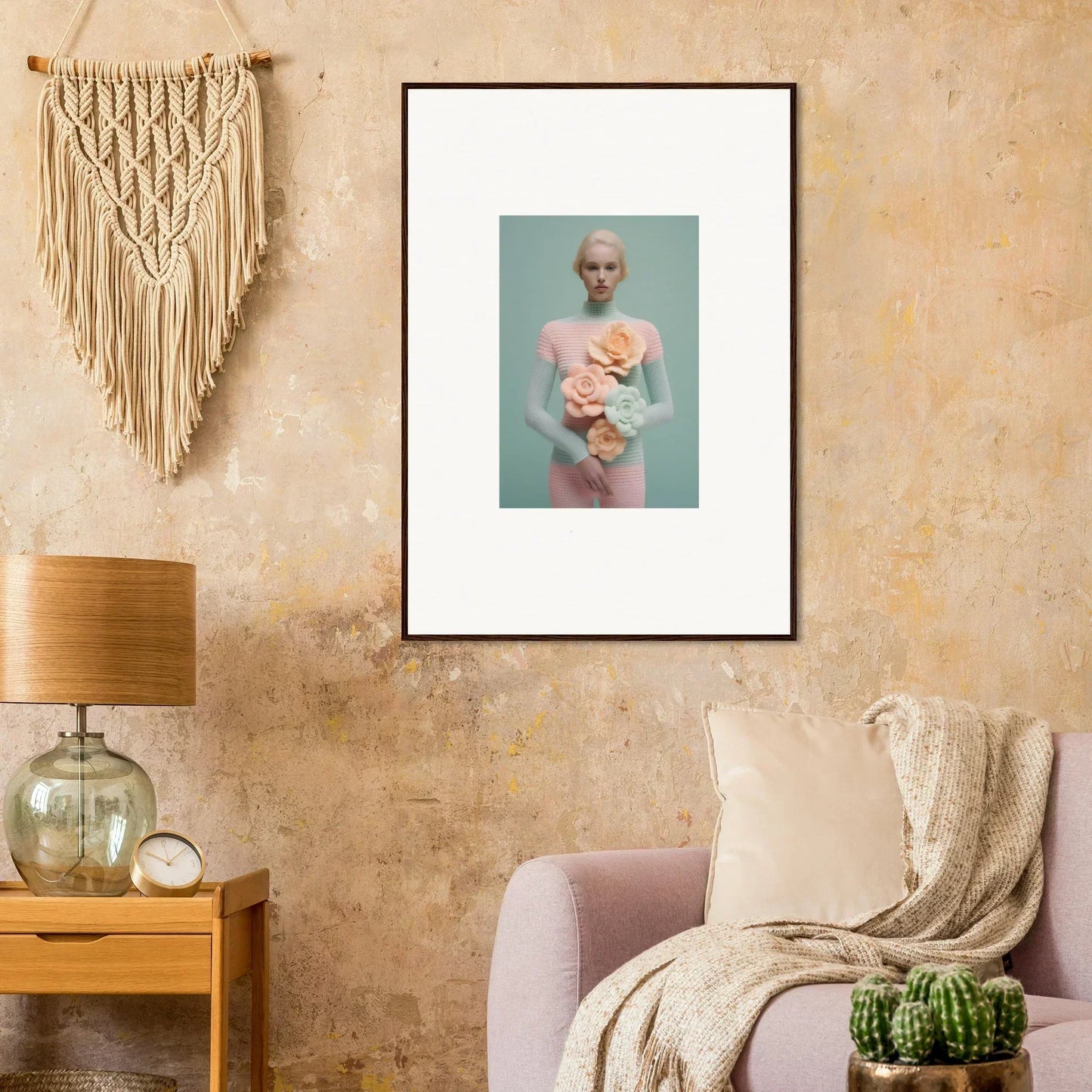 Framed portrait of a person with flowers for dreamy room decoration canvas print