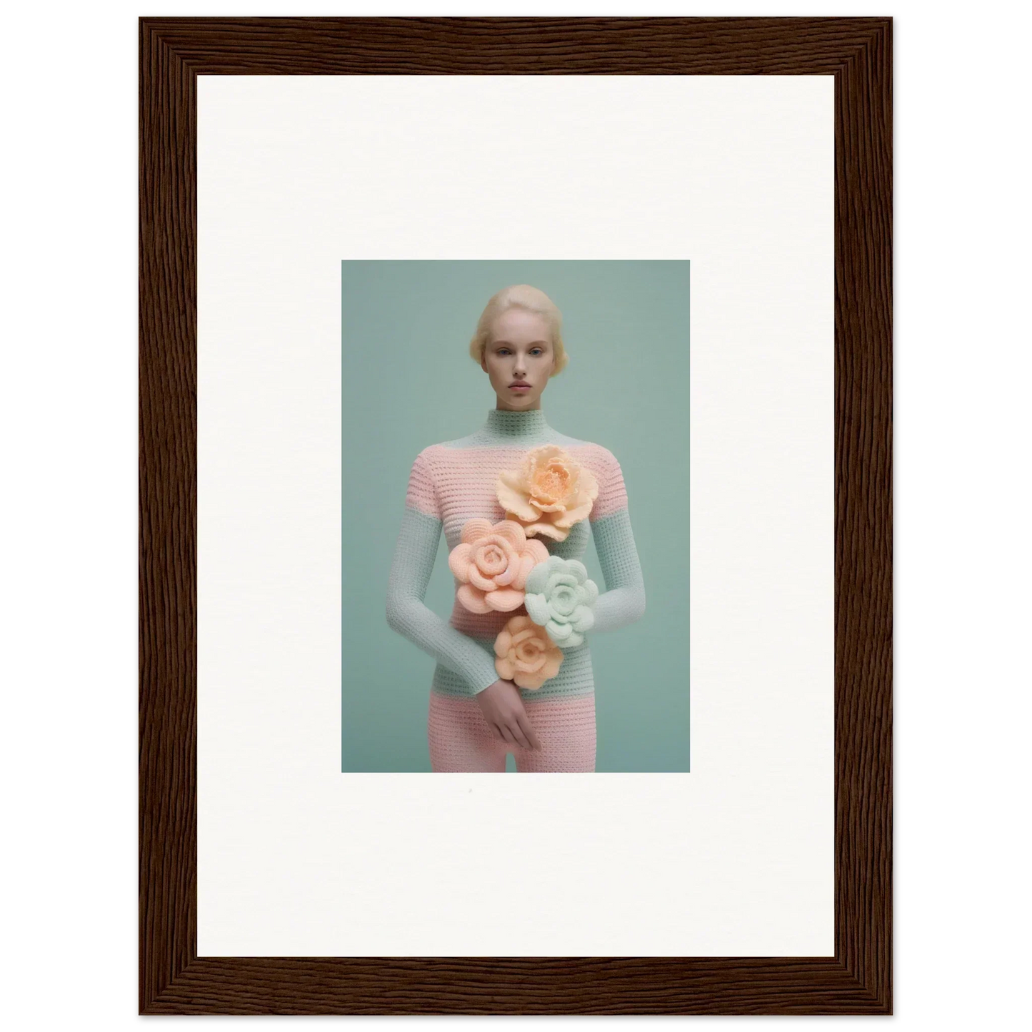 Framed portrait of a pale woman in pink with pastel flowers, perfect for dream couture room decoration