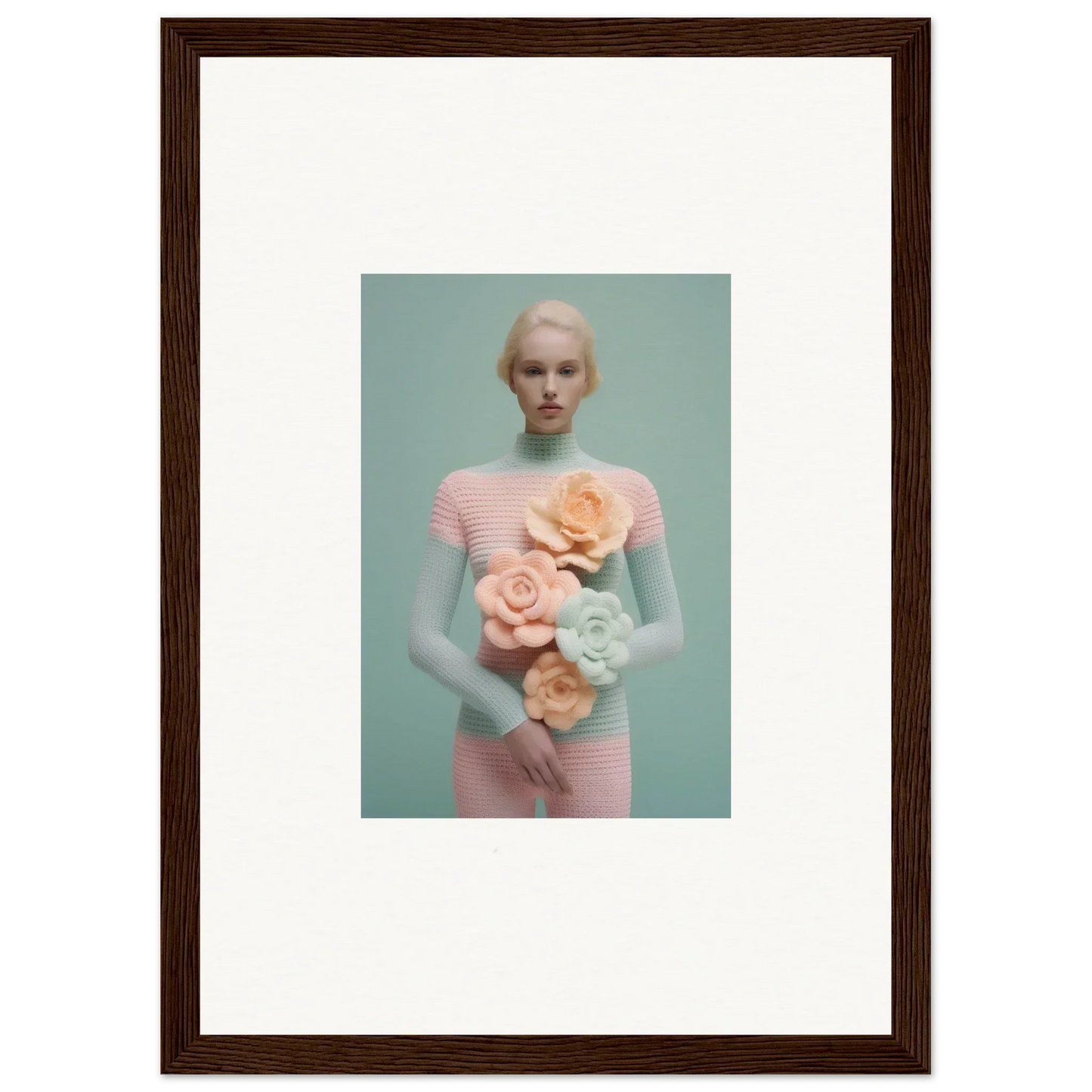 Framed portrait of a pale figure in pink with pastel flowers for dreamy room decoration