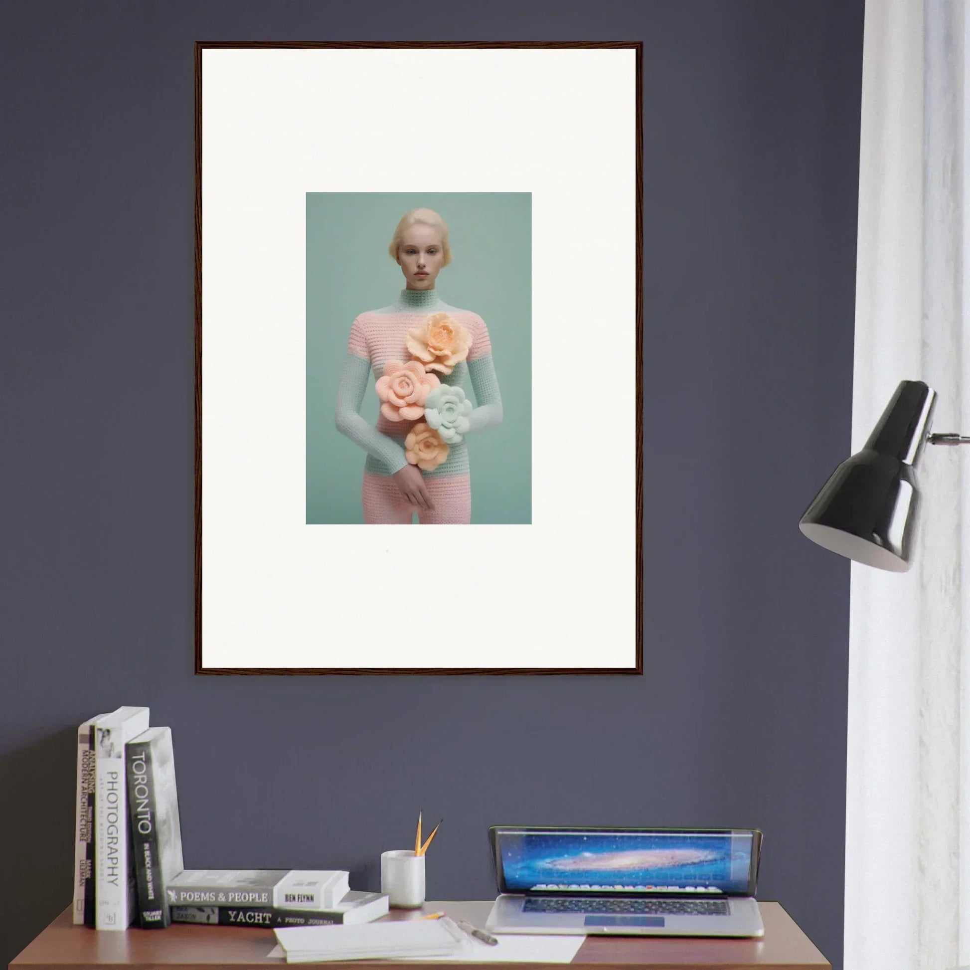 Framed canvas print of a person in pink with stuffed animals for dream couture room decoration