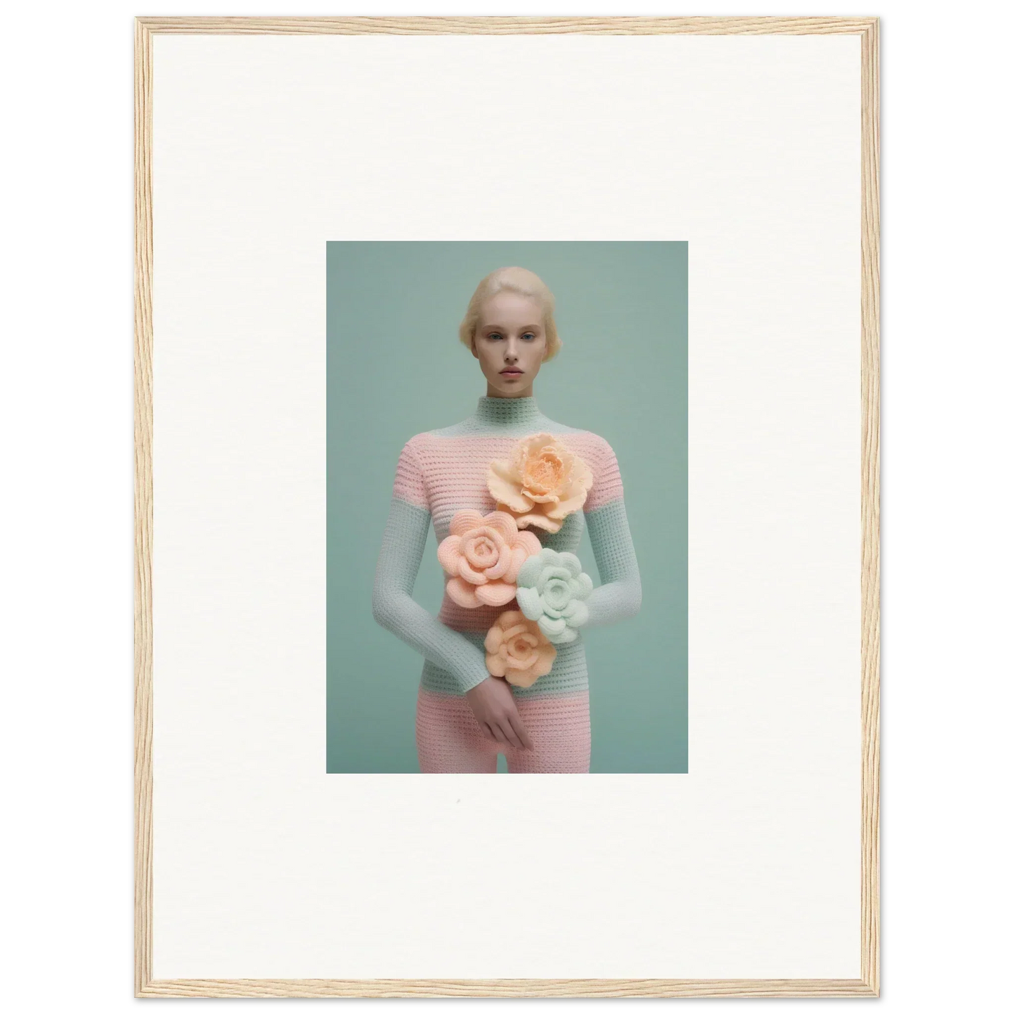 Framed photo of person in pink with pastel flowers, perfect for dream couture room decoration