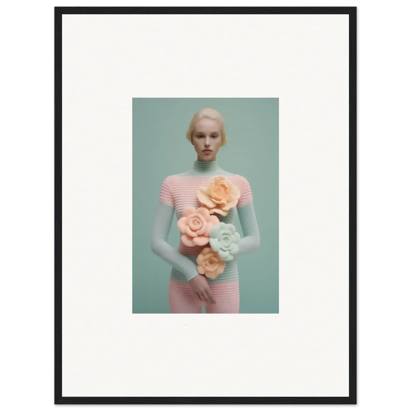 Framed canvas print of a pale figure in pink with flowers, perfect for dream couture room decoration