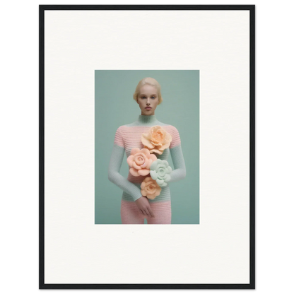 Framed canvas print of a pale figure in pink with flowers, perfect for dream couture room decoration