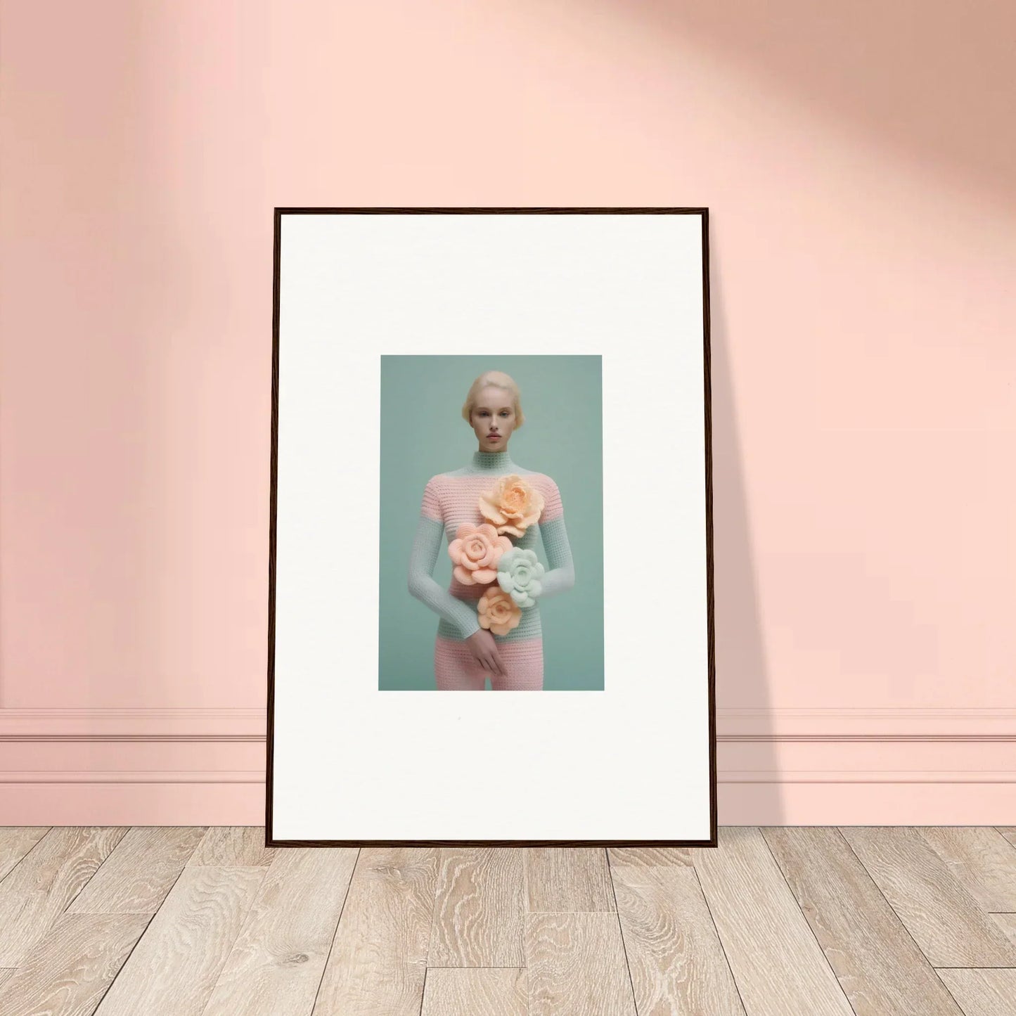 Framed canvas print of a pale figure with stuffed animals for dreamy room decoration