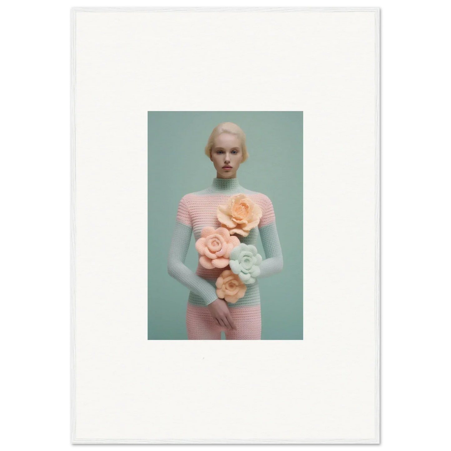 Pale-skinned figure in pink outfit holding flowers, perfect for a Floral Dream Couture canvas print