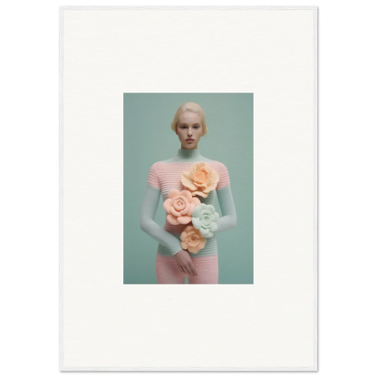 Pale-skinned figure in pink outfit holding flowers, perfect for a Floral Dream Couture canvas print