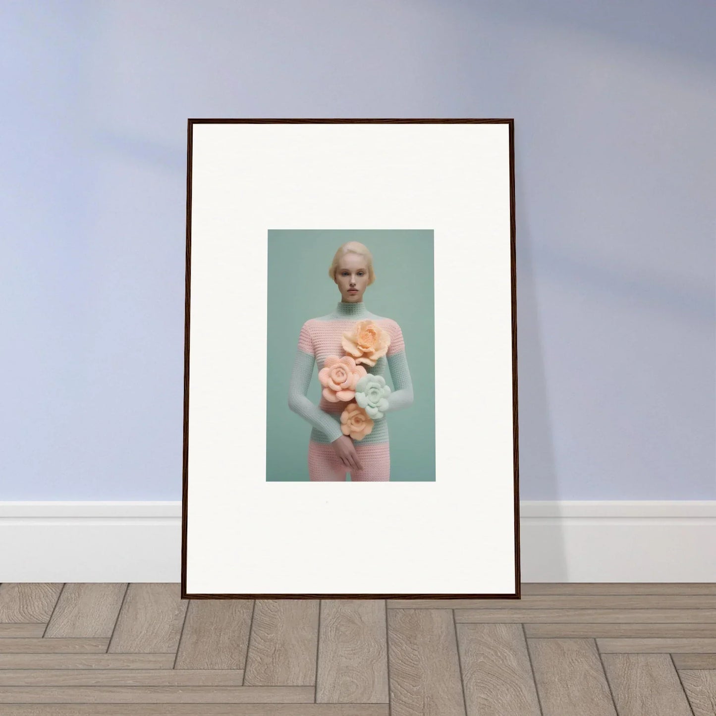 Framed canvas print of a person with stuffed animals in dreamy room decoration