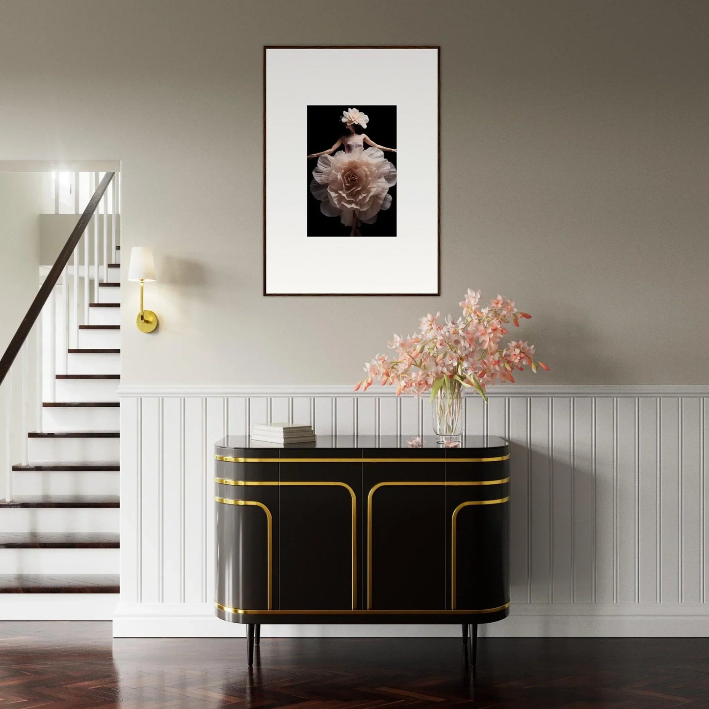 Elegant black and gold console table with curved edges and doors.