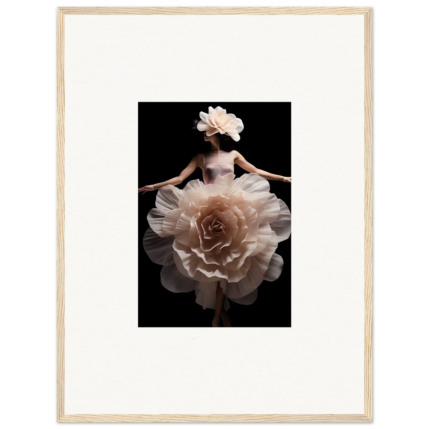 Ethereal figure wearing a dress resembling a blossoming rose.