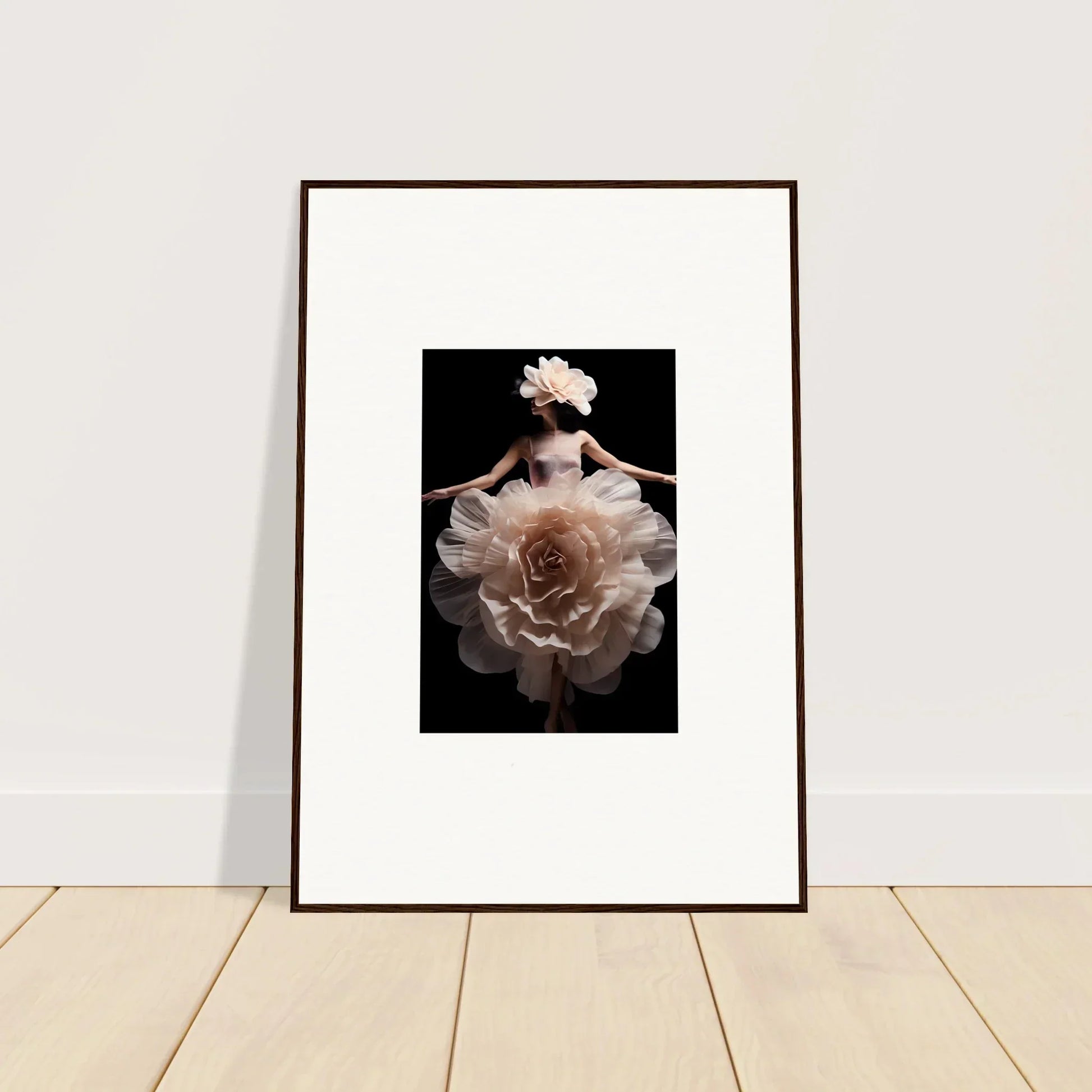 Framed photograph of a pale pink rose in full bloom.