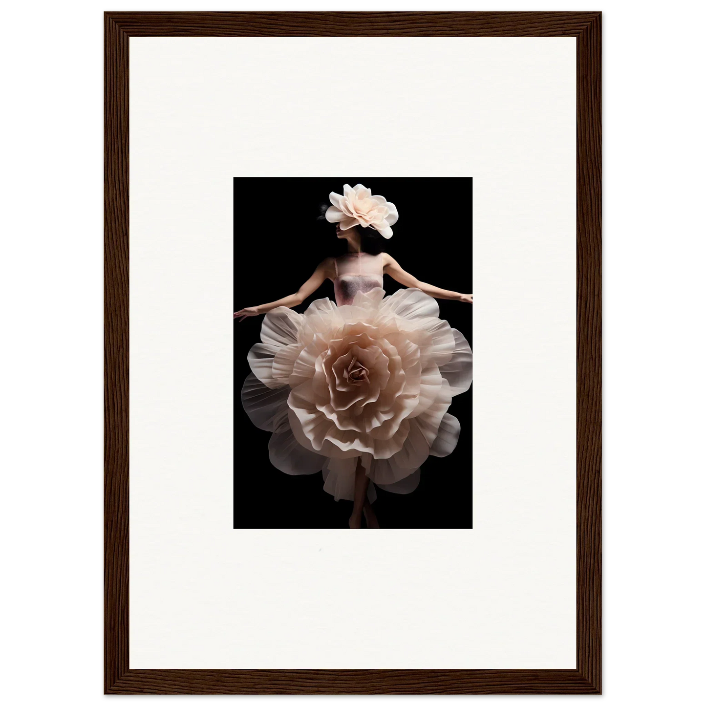 Ethereal figure with a dress resembling a blossoming pale rose.