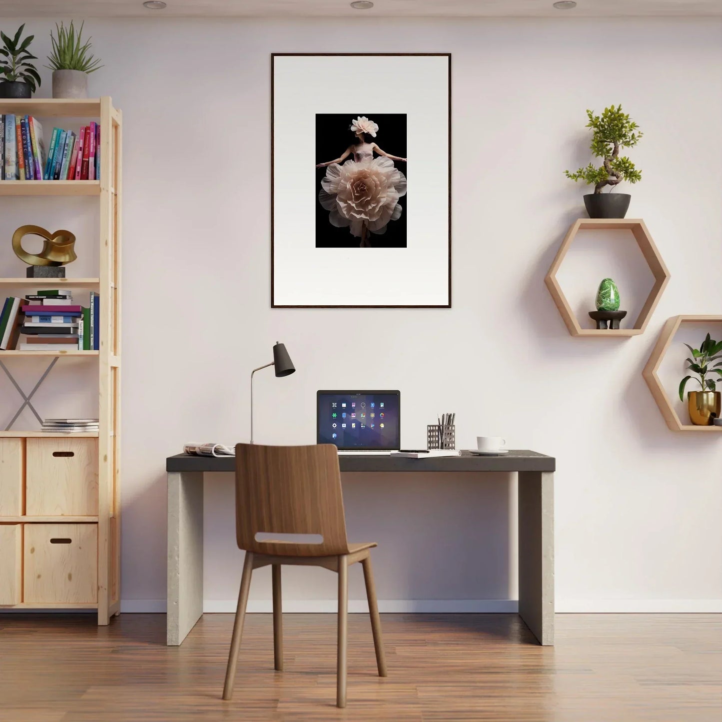 Home office workspace with a desk, chair, bookshelf, and wall-mounted decorations.