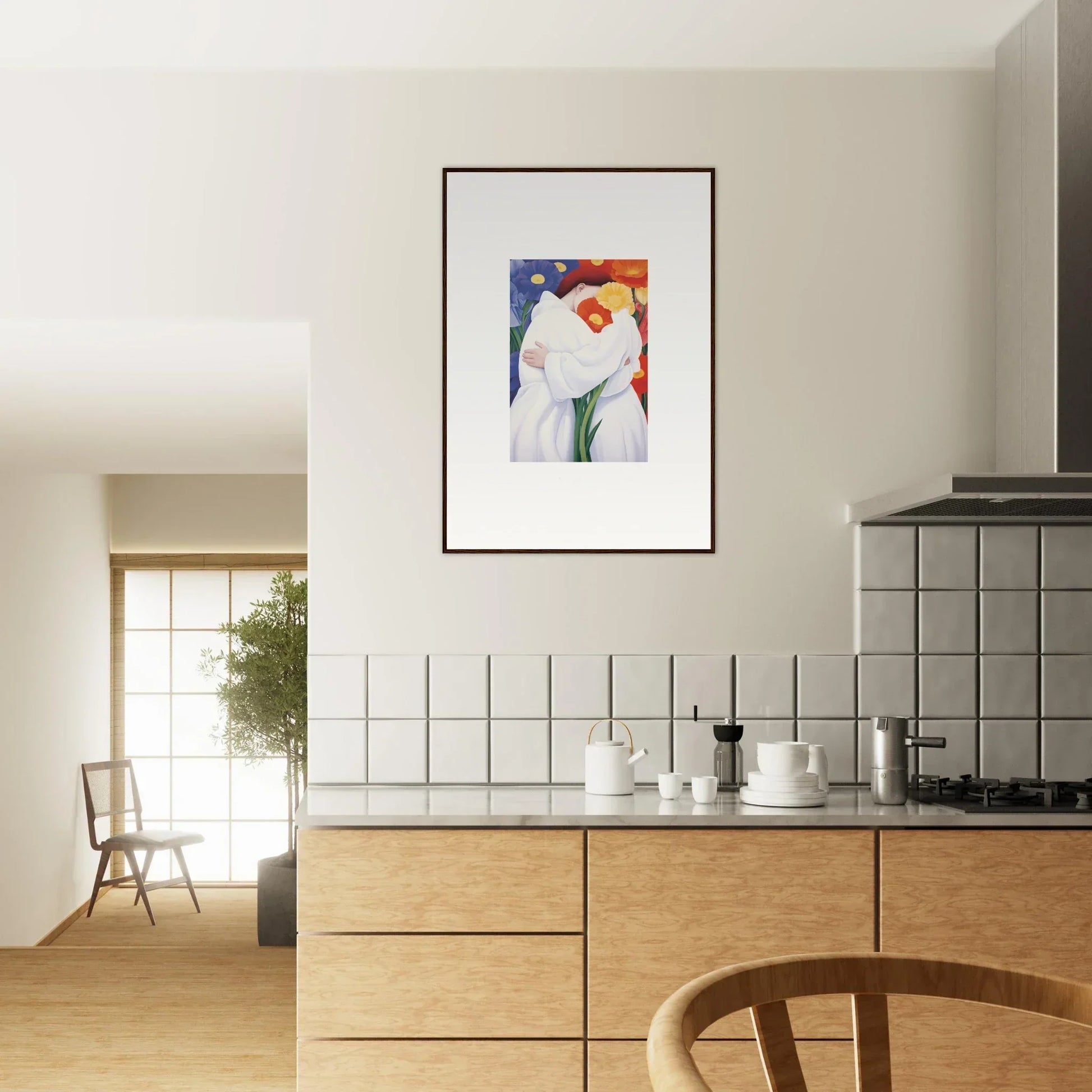 Modern kitchen featuring wooden cabinets, tiled backsplash, and framed wall art