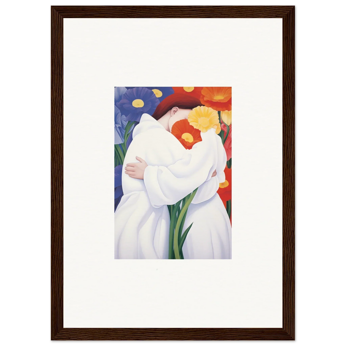 Framed wall art of a white figure embracing vibrant flowers for stylish room decor