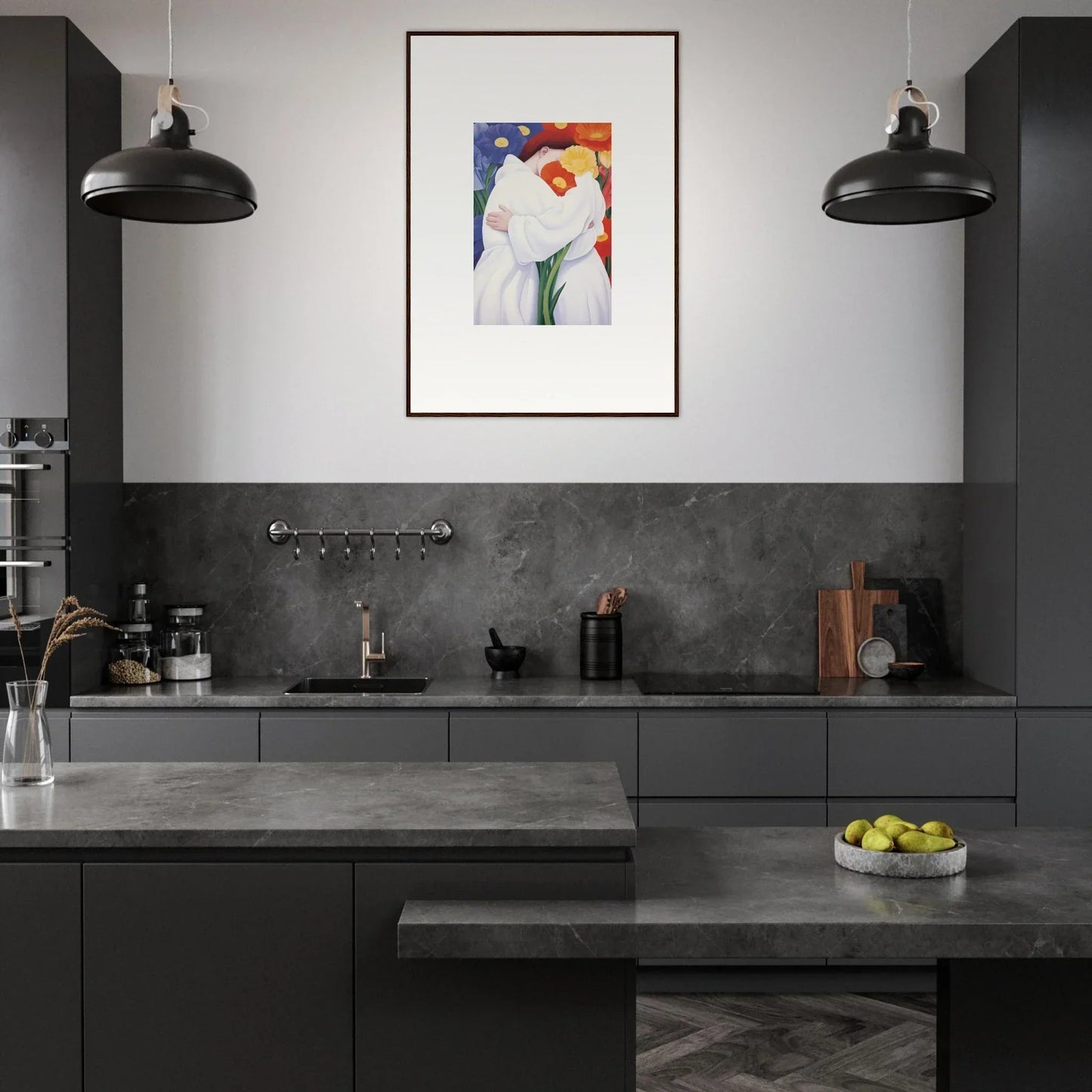 Modern kitchen featuring dark cabinetry and Floral Embrace canvas prints for vibrant room decor