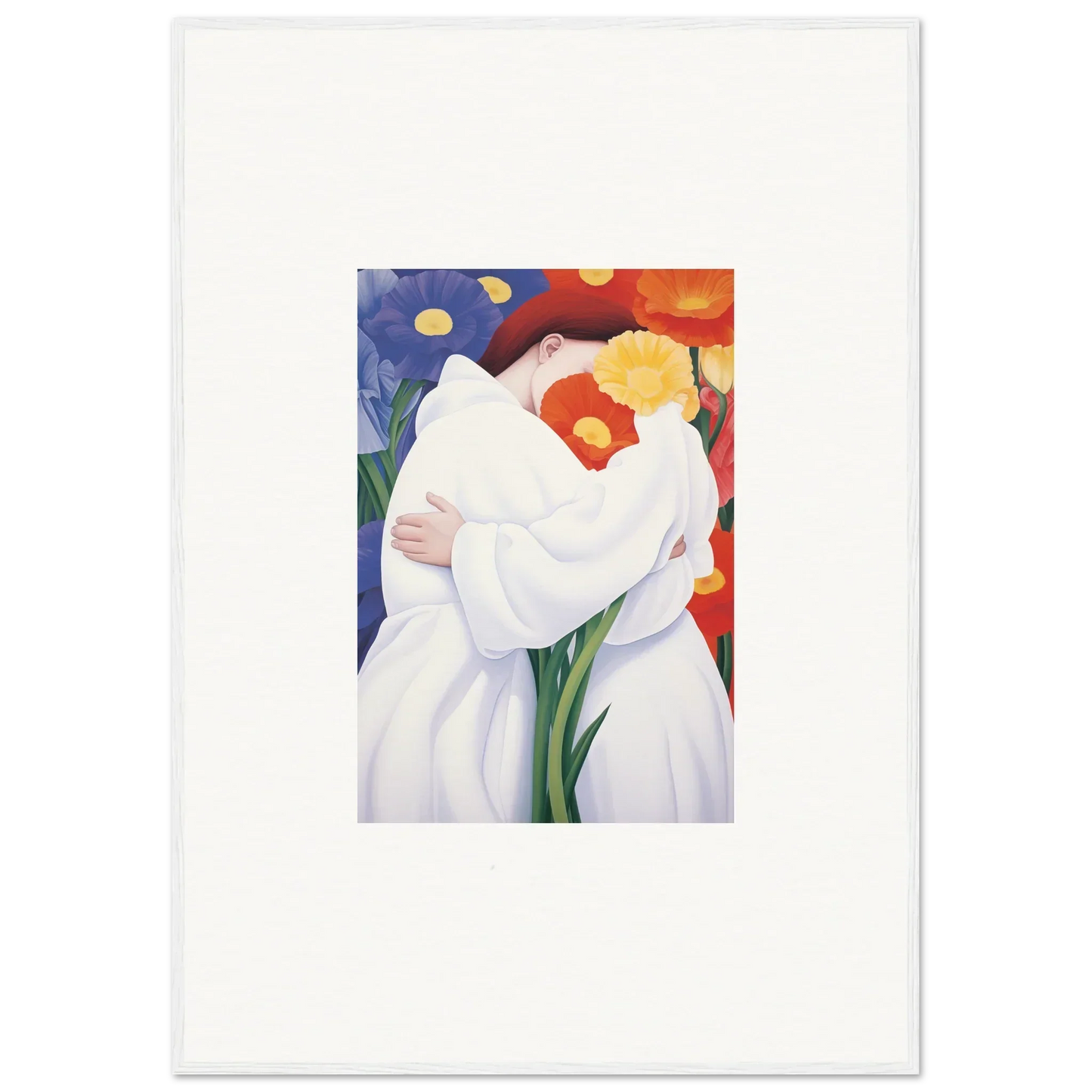 Abstract painting of embracing figures in white, ideal for room decor or canvas prints