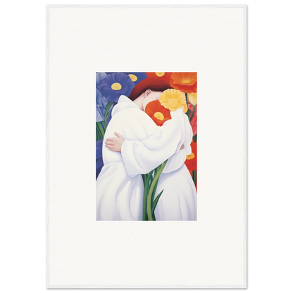 Abstract painting of embracing figures in white, ideal for room decor or canvas prints