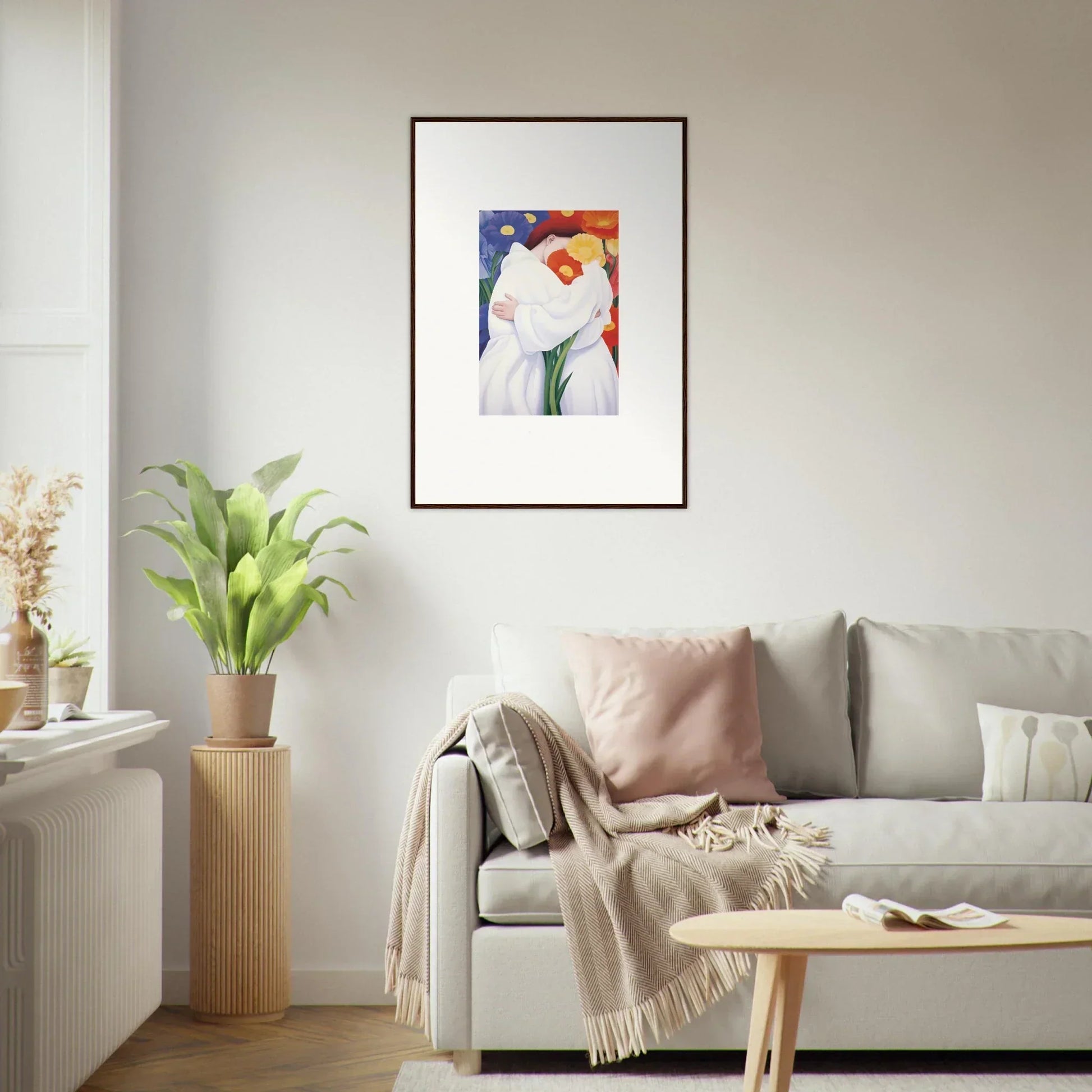 Framed abstract painting of a colorful face, perfect for modern room decor