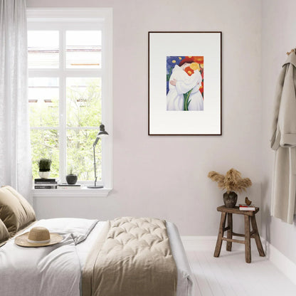 Bright airy bedroom featuring framed wall art and stylish room decor