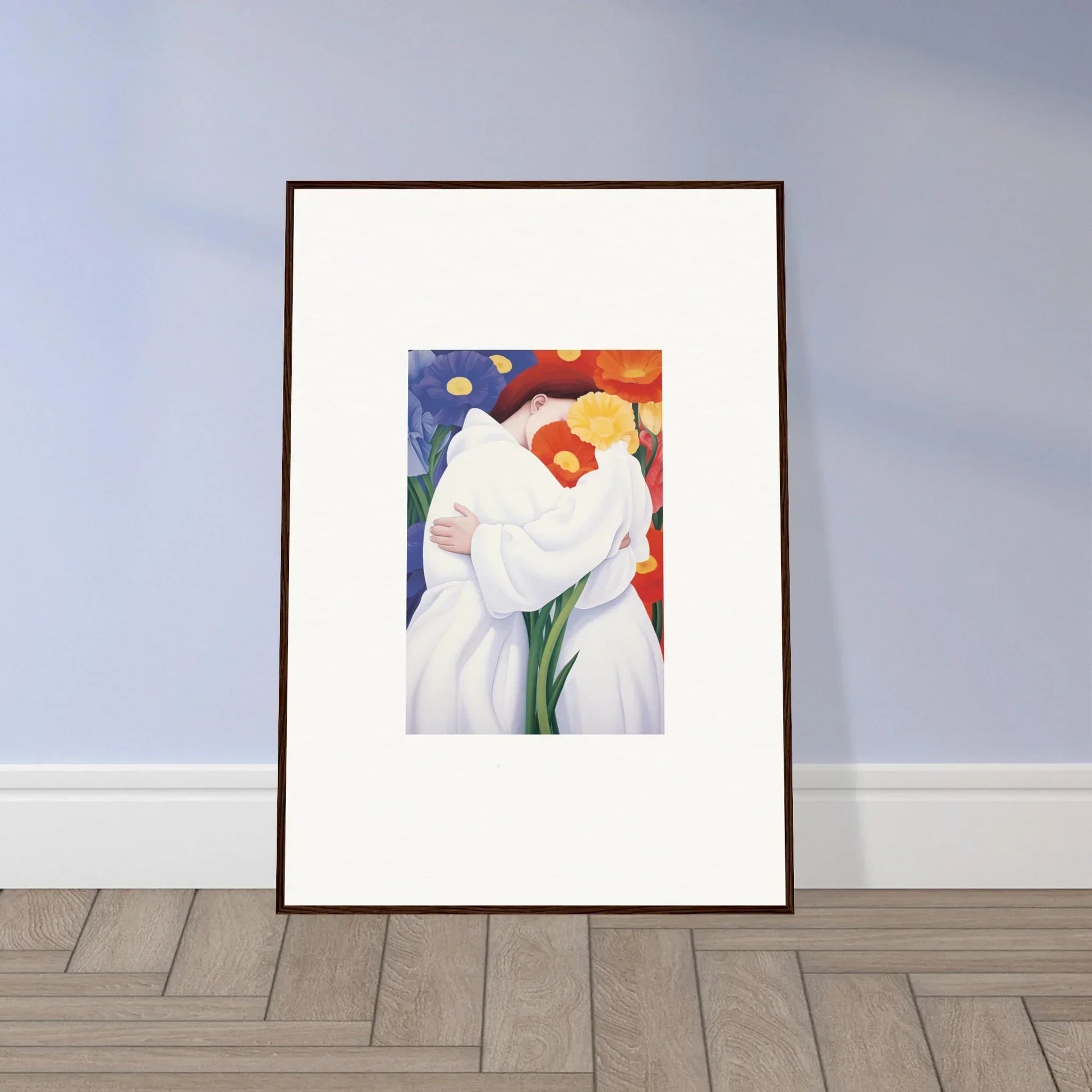 Framed wall art of abstract white figures embracing for stylish room decor