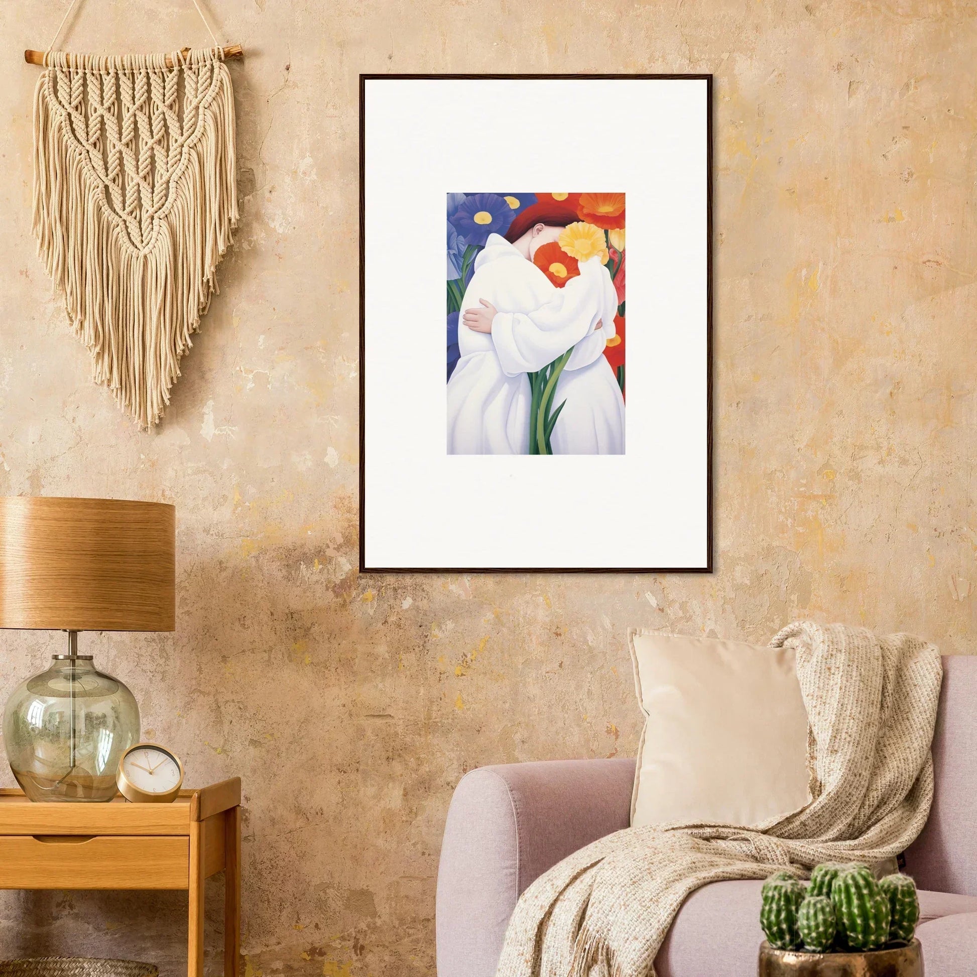 Framed wall art of colorful embracing figures, perfect for vibrant room decor