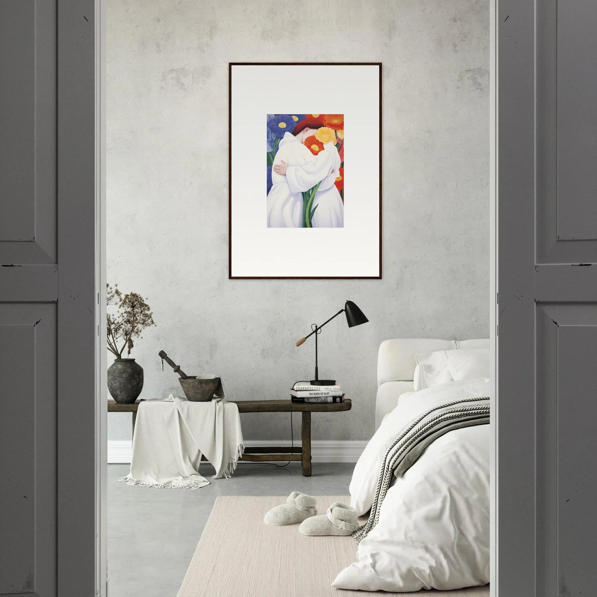 Framed abstract artwork with colorful shapes enhances room decor as stylish canvas prints