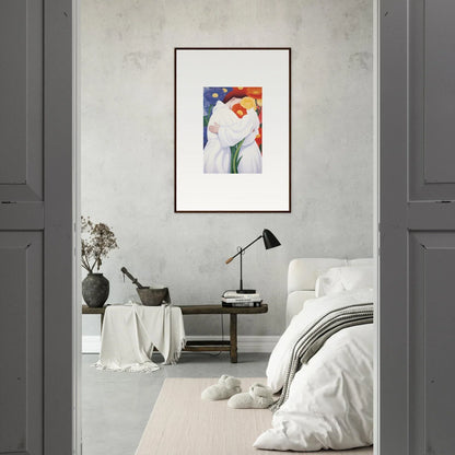 Framed abstract artwork with colorful shapes enhances room decor as stylish canvas prints