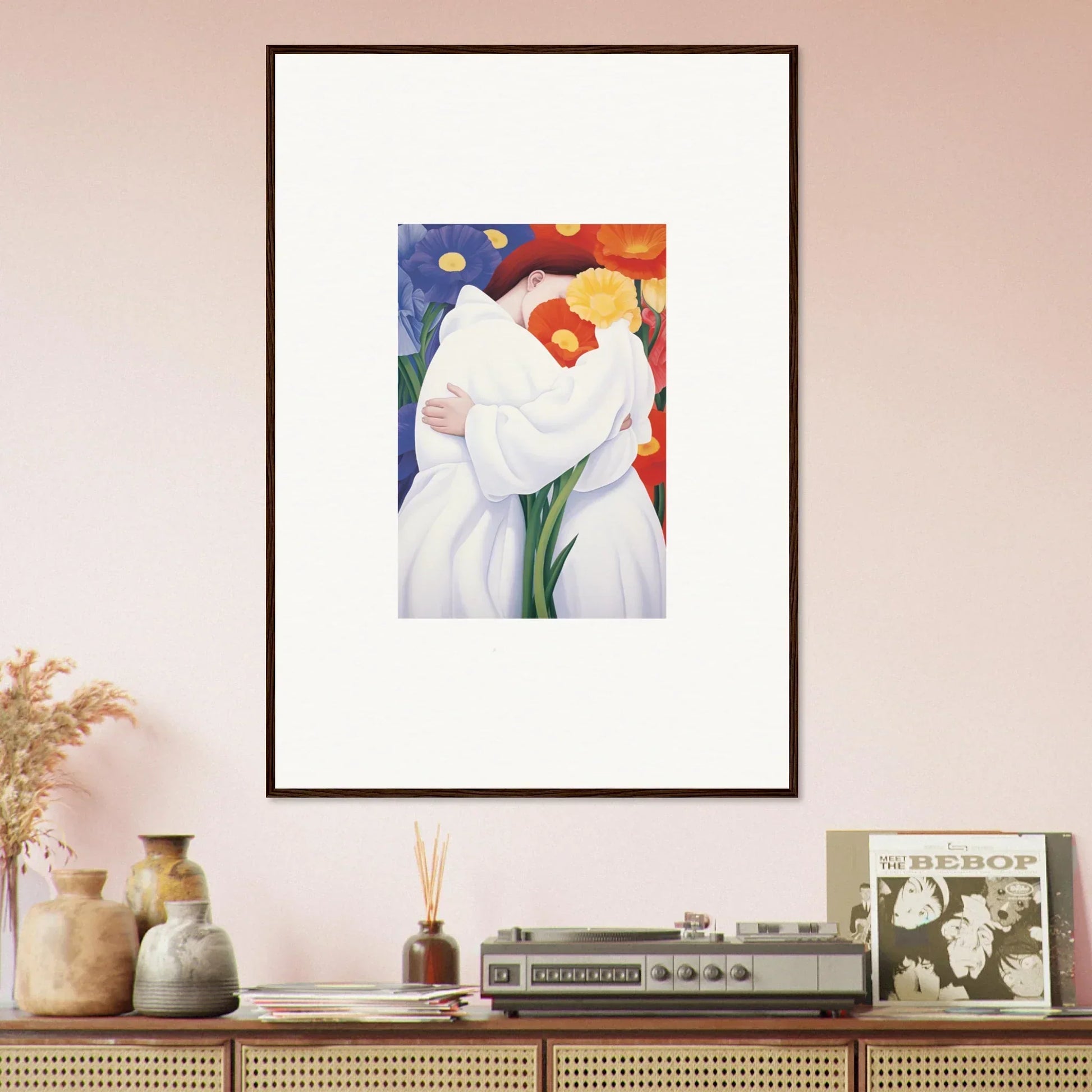 Framed abstract painting with white figures and colorful flowers for stylish room decor