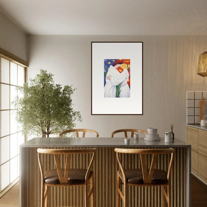 Dining area with table, chairs, and vibrant framed wall art for stylish room decor