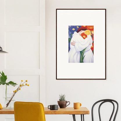 Framed wall art of a white flower with colorful background for elegant room decor