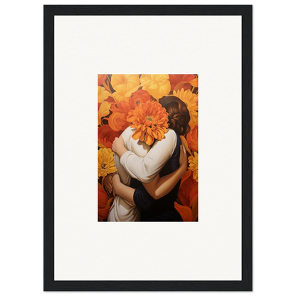 Framed Floral Euphoria Embrace canvas print of two figures with autumn flowers for room decoration