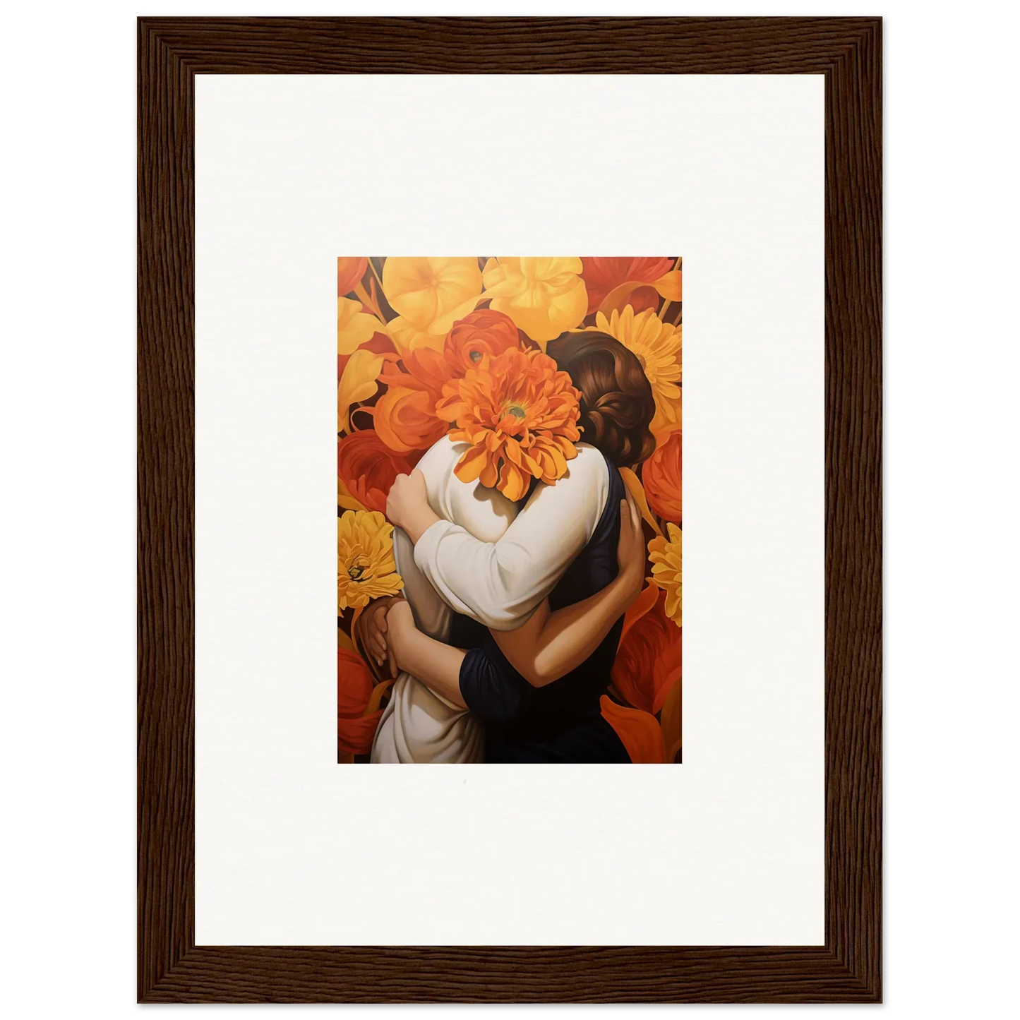 Framed canvas print of two figures embraced by an orange flower for room decoration