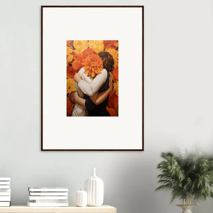 Framed canvas print of two figures embracing in a vibrant autumn euphoria embrace scene