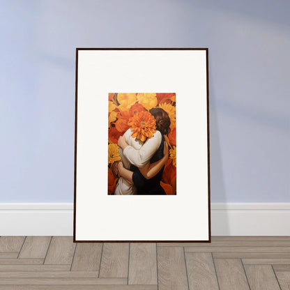 Framed canvas print of two embracing figures in a cozy autumn scene for room decoration