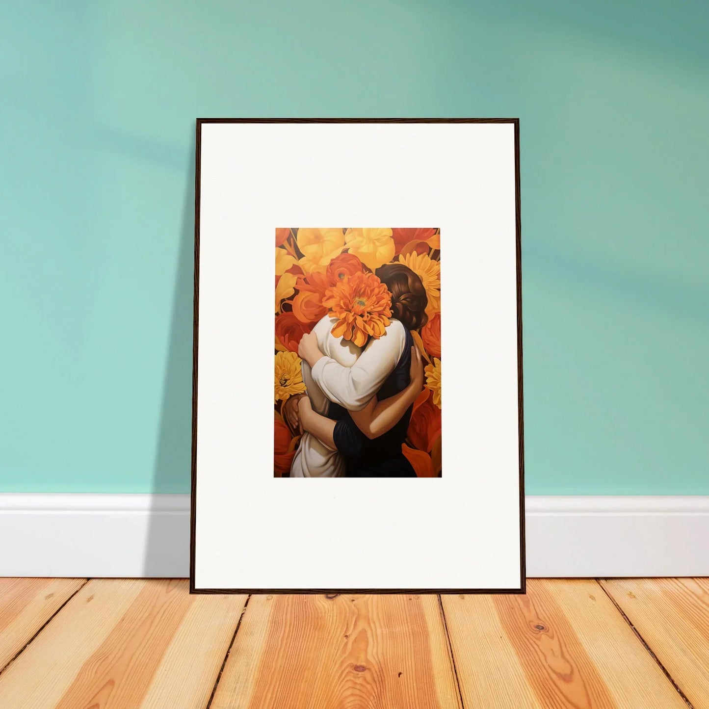 Framed canvas print of Euphoria Embrace with two figures in an autumn scene for room decoration