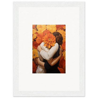 Framed Canvas Print of Euphoria Embrace with Figures and Orange Flower for Room Decoration