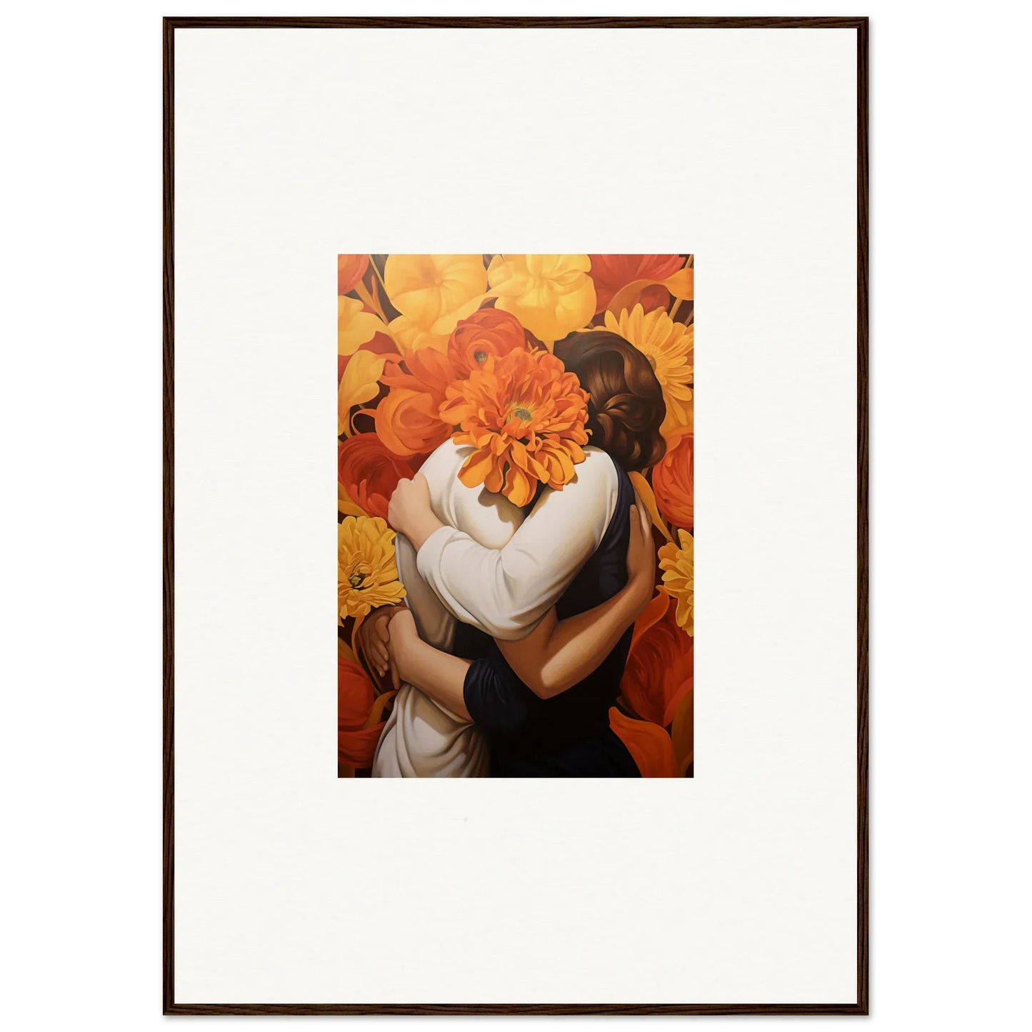 Framed canvas print of Euphoria Embrace with two figures and a big orange flower