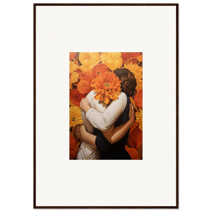 Framed canvas print of Euphoria Embrace with two figures and a big orange flower