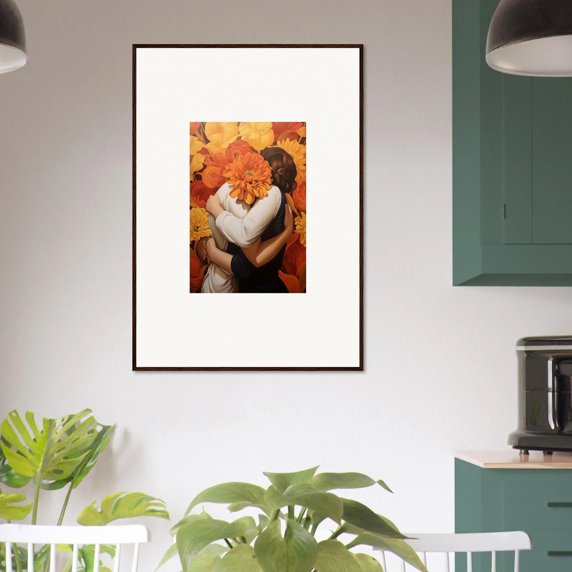 Framed canvas print of a couple in euphoria embrace with autumn leaves for room decoration